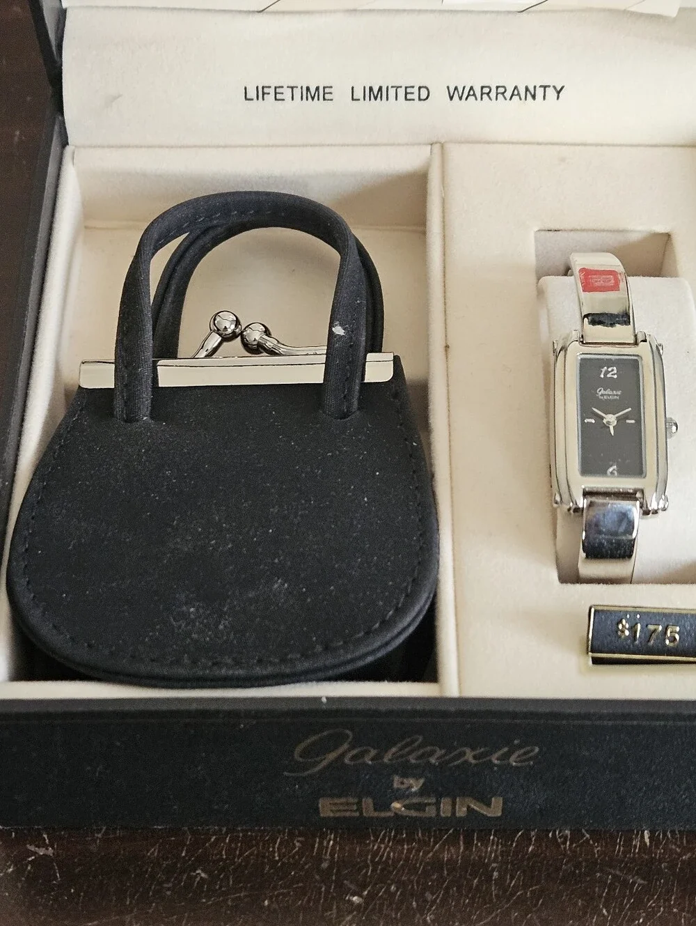 Vintage Galaxie By Elgin Ladies Watch Gift Set Black Purse Clasp Box Tag 1980s.